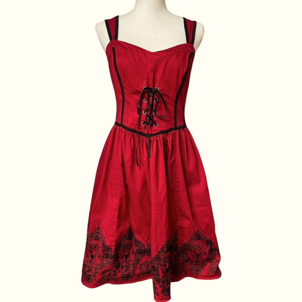 Hot Topic Red and Black Lace-Up Midi Dress